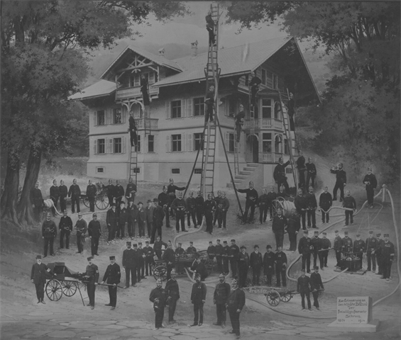 Fotomontage von einer Schrunser Feuerwehrübung von 1914 - Original Feuerwehr Schruns